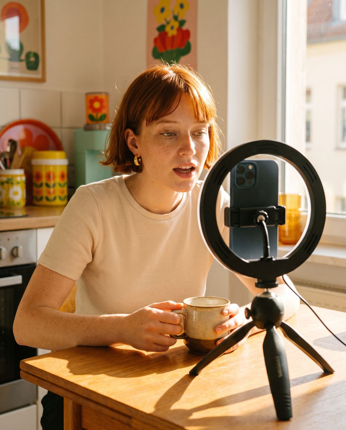 AI influencer filming a video on a phone tripod in a sunny kitchen