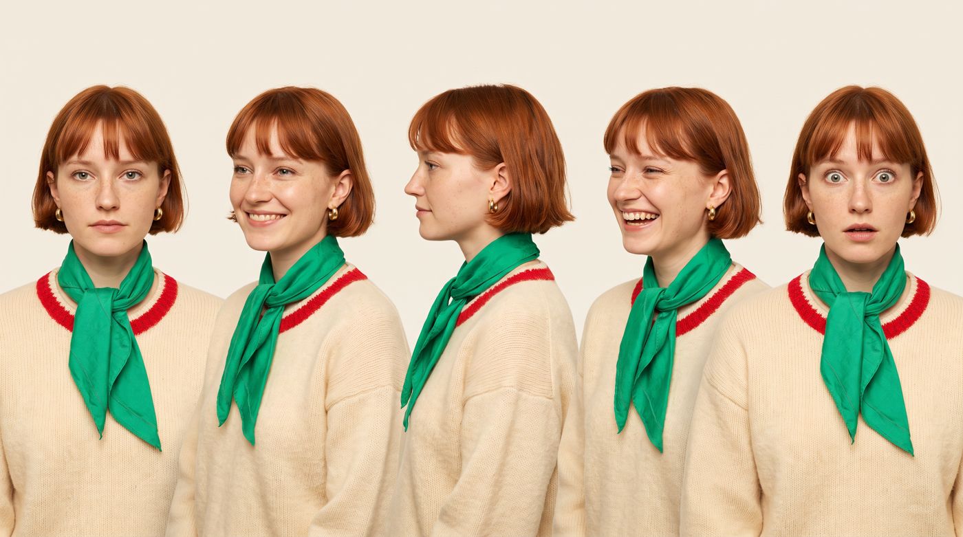 AI influencer character sheet with five angles and expressions