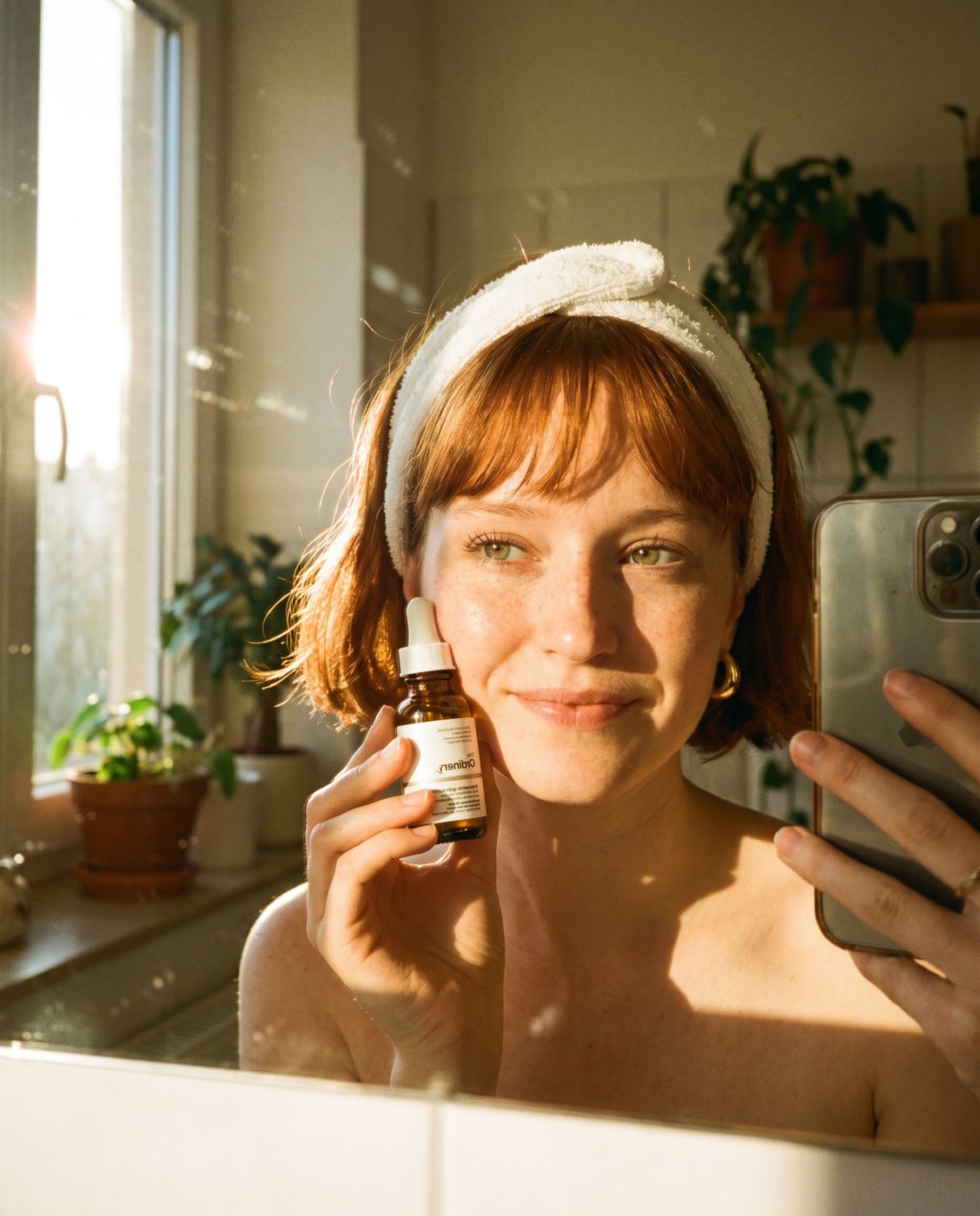 AI influencer bathroom mirror selfie holding a serum bottle