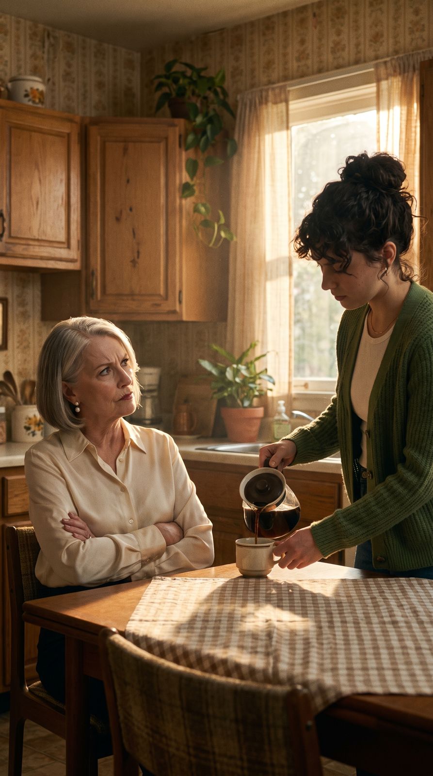 AI drama ad hook frame: skeptical mother-in-law and nervous daughter-in-law