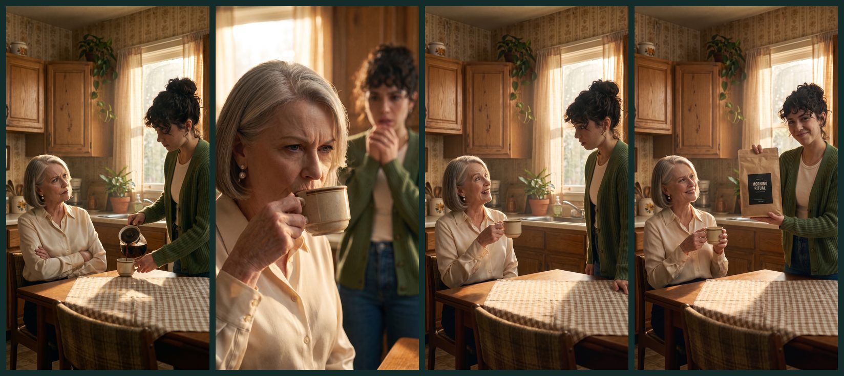 Four-frame storyboard of an AI drama ad: hook, tension, twist, product reveal