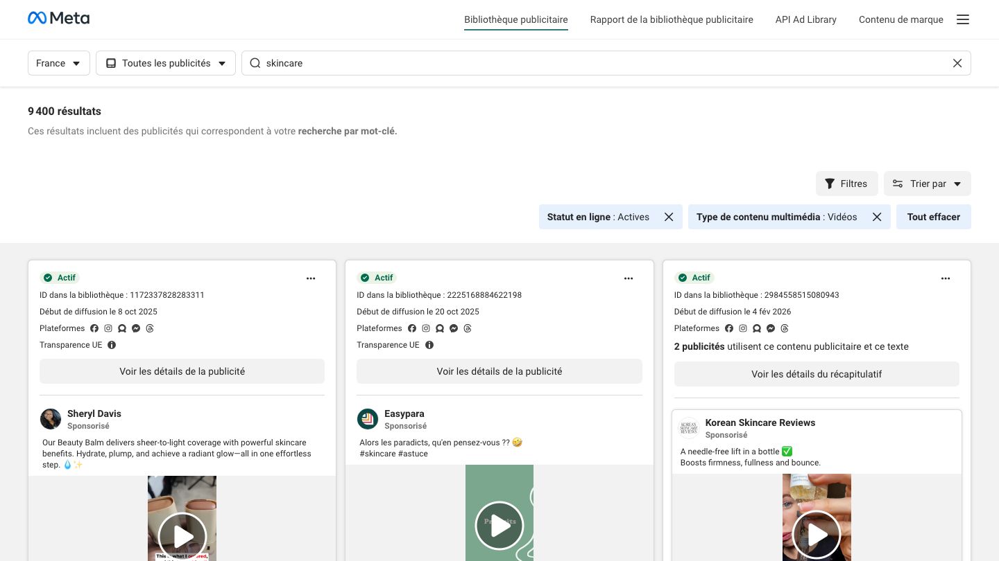 Bibliothèque publicitaire Meta filtrée sur les vidéos actives en France