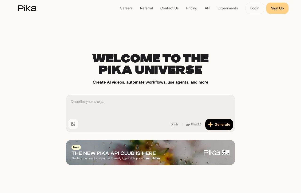 Pika AI video generator homepage