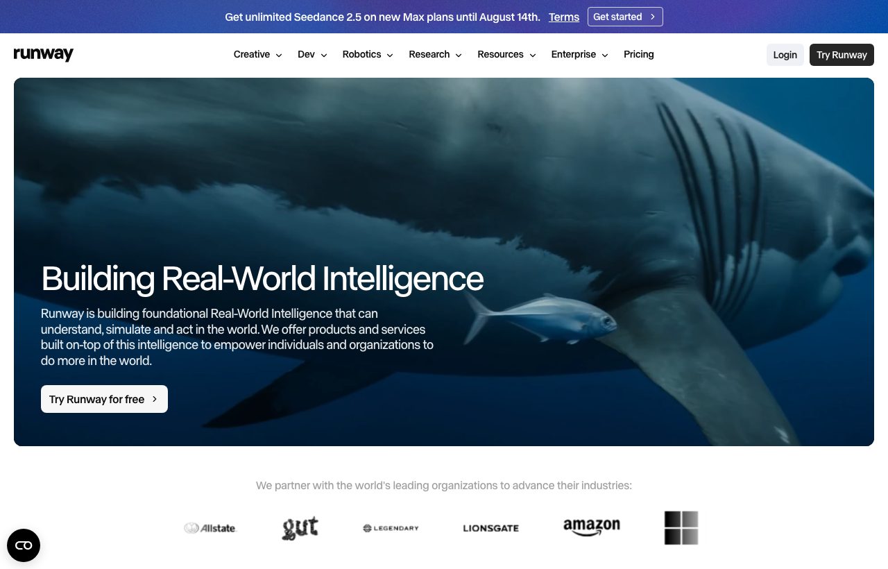 Runway AI video generator homepage